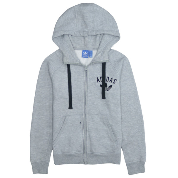 Adidas 90's Grey Zip Up Hoodie with Drawstring Pockets - Women's Medium