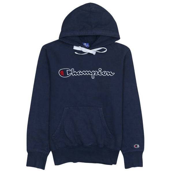 Champion 90's Spellout Pullover Hoodie Medium Navy Blue