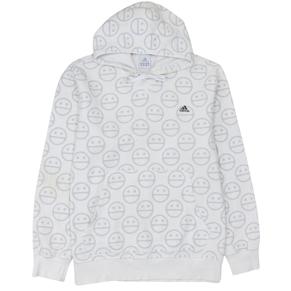 Adidas White All Over Smiley Hoodie Women's XXLarge Printed Logo Front Pocket Pullover Sweatshirt