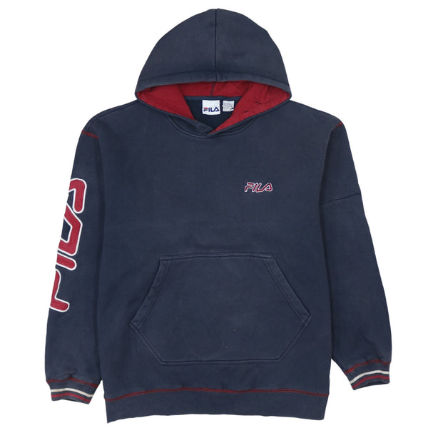 Fila 90's Vintage Navy Blue Drawstring Pullover Hoodie Large