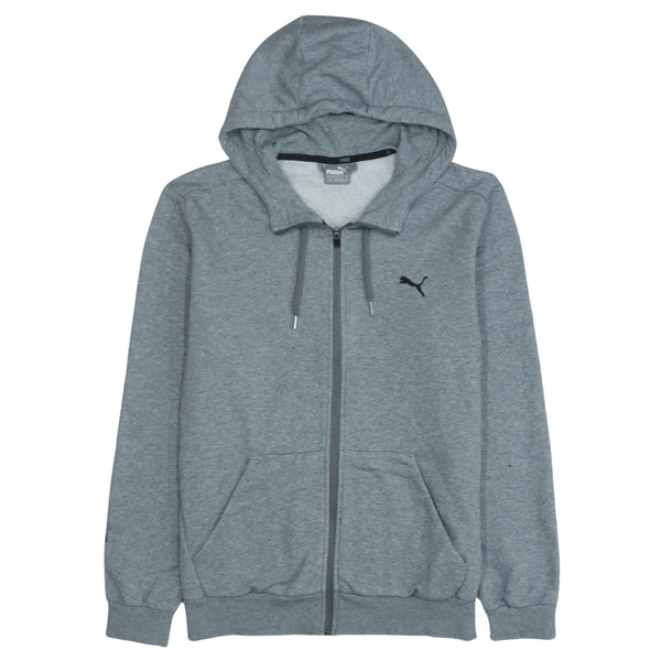 Puma 90's Vintage Grey Drawstring Hoodie with Full Zip and Pockets - Medium