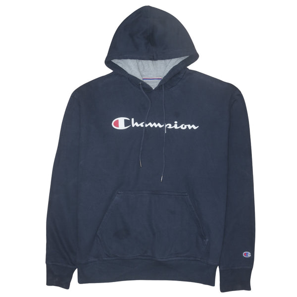 Champion Men's Large 90's Spellout Pullover Hoodie Navy Blue Cotton