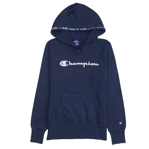Champion 90's Spellout Pullover Hoodie Medium Navy Blue