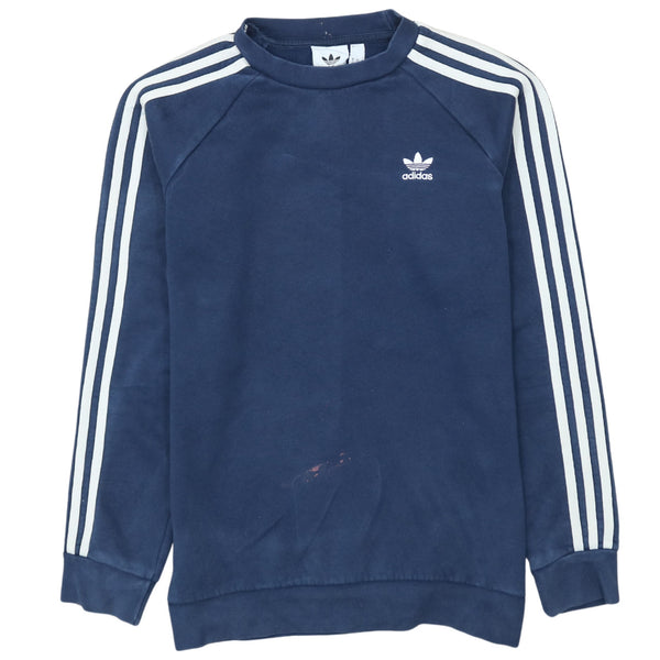 Adidas 90's Vintage Navy Blue Striped Sleeve Crew Neck Sweatshirt Small