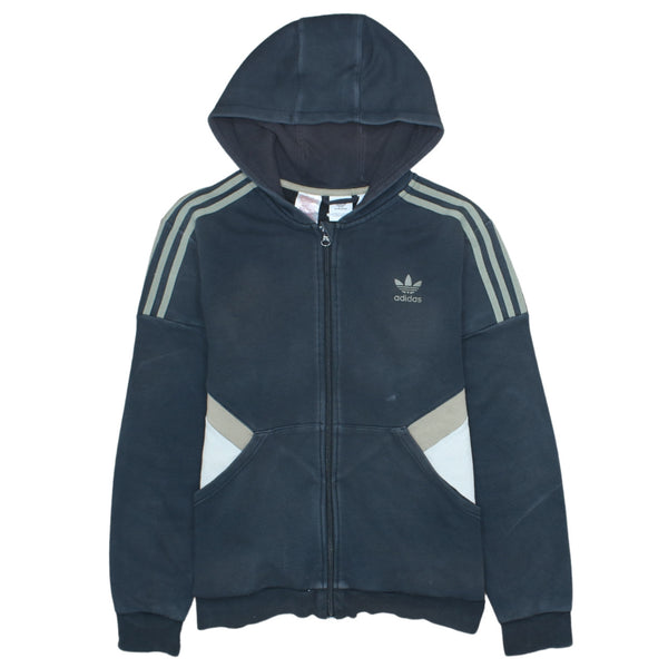 Adidas Vintage 90s Black Hoodie XLarge Full Zip Striped Sleeves