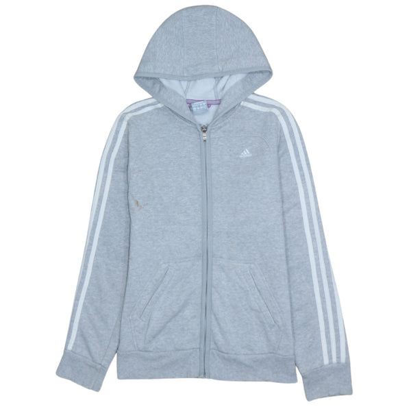 Adidas 90's Vintage Grey Hoodie with Striped Sleeves - Women's Small