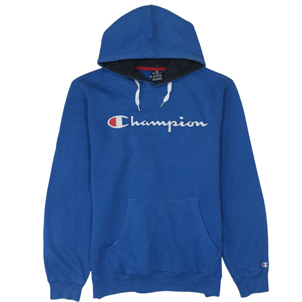 Champion 90's Spellout Pullover Hoodie Large Blue