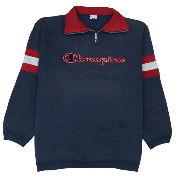 90's Champion Navy Blue Spellout Quarter Zip Sweatshirt Men XL