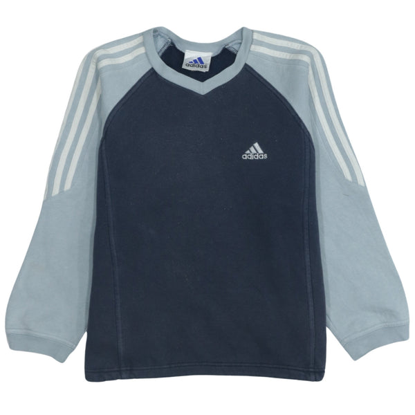 Adidas 90's Navy Blue Striped Sleeve V Neck Sweatshirt Small