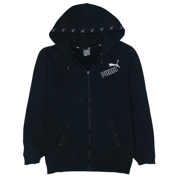 Puma 90's Vintage Black Full Zip Hoodie with Drawstring Pockets, Large