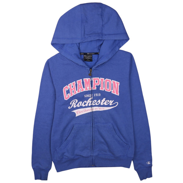Champion 90s Blue Spellout Full Zip Hoodie Women's Small Vintage