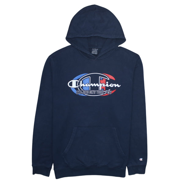Champion 90's Spellout Pullover Hoodie XLarge Navy Blue