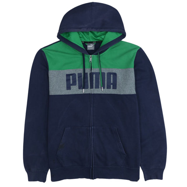 Puma 90's Vintage Navy Blue Full Zip Spellout Hoodie Large