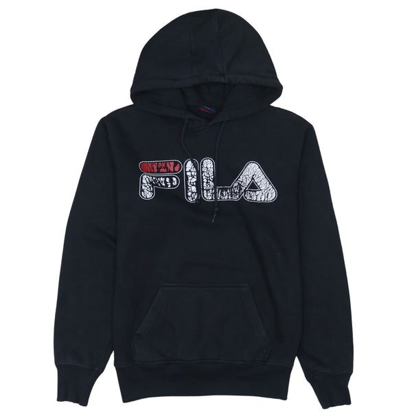 Fila 90's Vintage Spellout Pullover Hoodie Black Small Cotton Retro