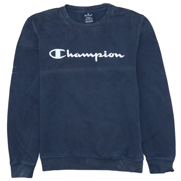 Vintage 90's Champion Spellout Crew Neck Sweatshirt Navy Blue Small