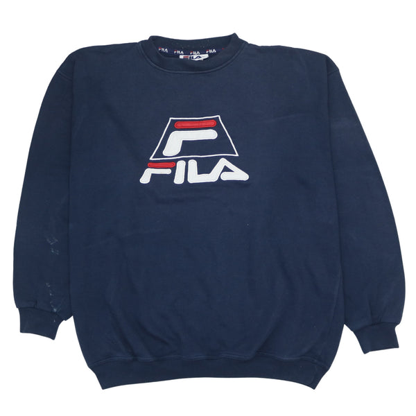 Vintage 90's Fila Spellout Crew Neck Sweatshirt Men's XLarge Navy Blue