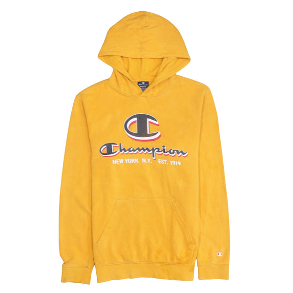Champion 90's Spellout Pullover Hoodie Medium Yellow