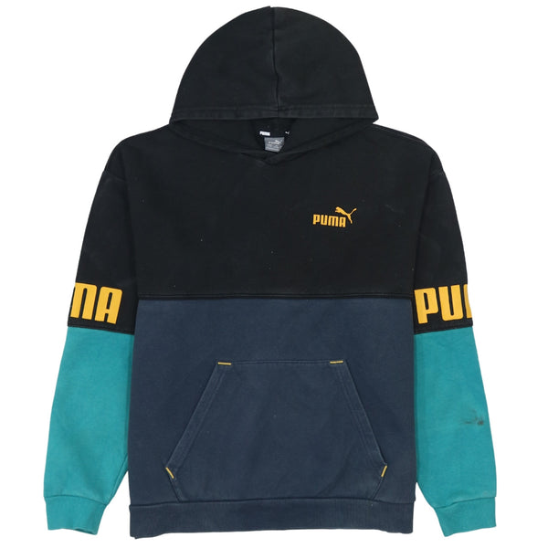 Puma 90's Vintage Black Drawstring Pocket Pullover Hoodie Large