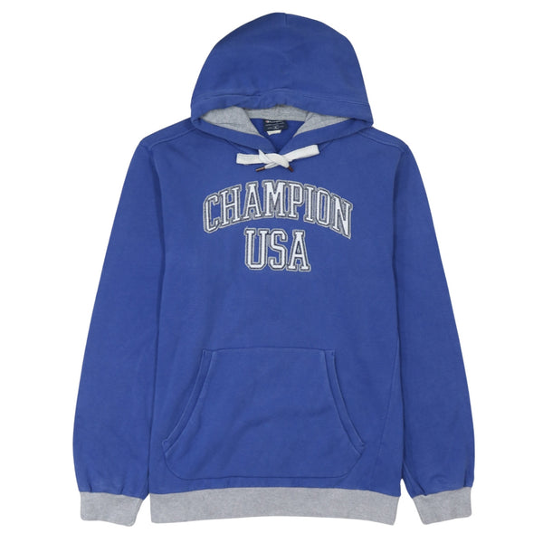 Champion 90's Spellout Pullover Hoodie XLarge Blue