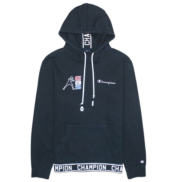 Champion 90's Vintage Black Drawstring Pullover Hoodie Medium