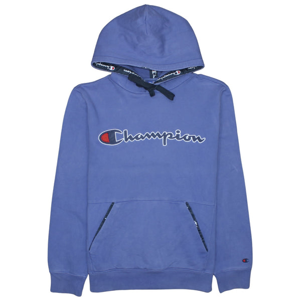 Champion 90's Spellout Pullover Hoodie Large Blue