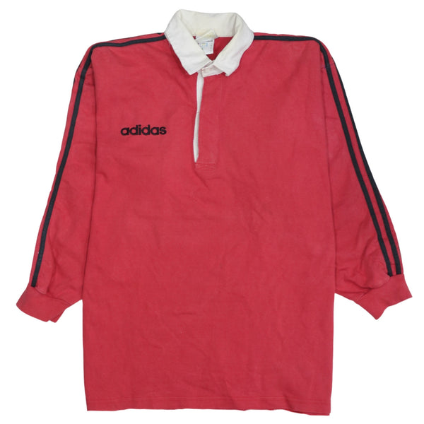 Adidas 90's Striped Sleeve Quarter Button Polo Shirt Medium Red
