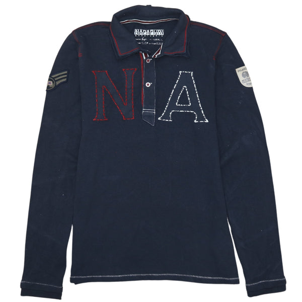 Napapijri 90's Long Sleeve Quarter Button Polo Shirt Medium  Navy Blue