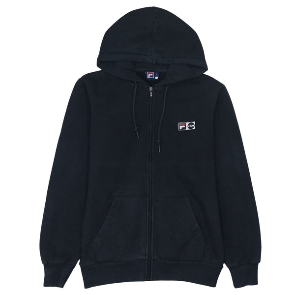 Fila Vintage 90's Black Full Zip Hoodie Large with Drawstring & Pockets