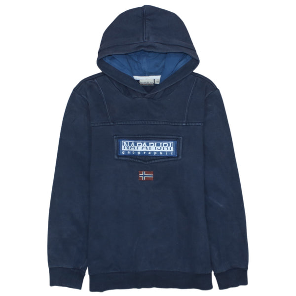 Napapijri 90s Vintage Navy Blue Spellout Hoodie Small Cotton