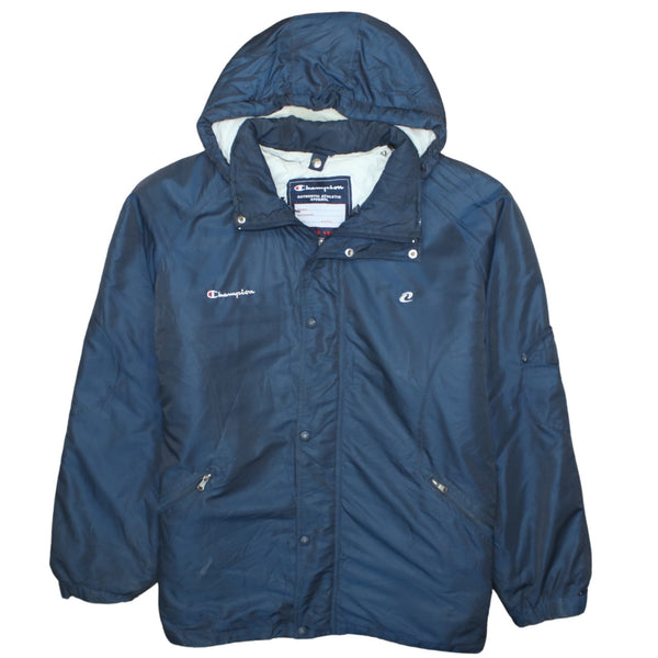 Large Champion 90's Men's Navy Blue Hooded Windbreaker Jacket