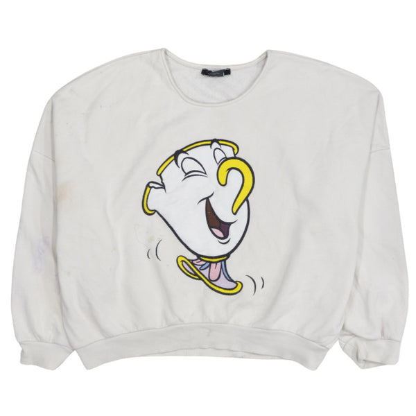 Disney 90's Beauty And The Beast Ladies Chip Splatter Crew Neck Sweatshirt Medium Beige Cream