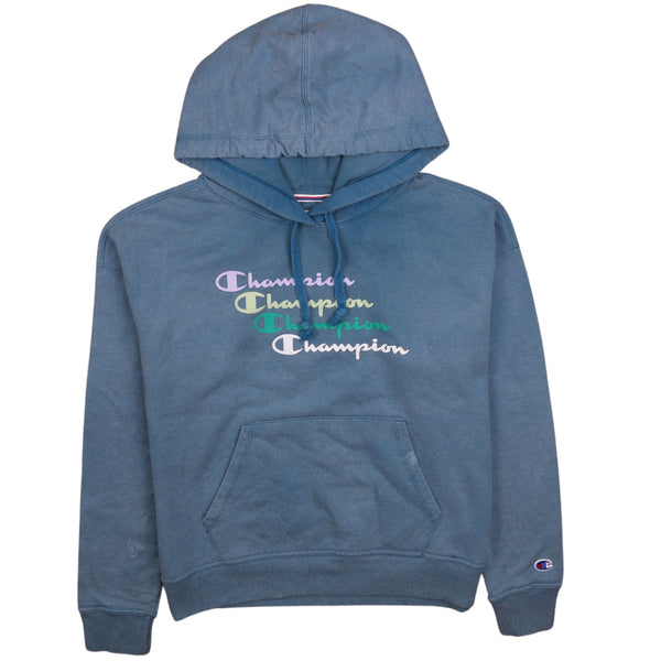 Champion 90s Men's Small Blue Spellout Hoodie Vintage Pullover