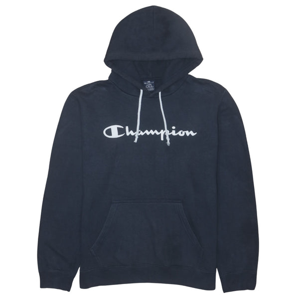 Champion 90's Spellout Pullover Hoodie Large Navy Blue
