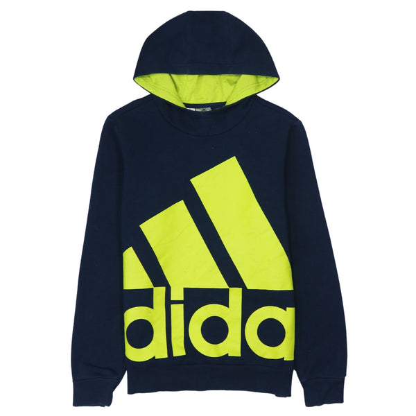 Adidas Women's 90's Navy Blue Spellout Pullover Hoodie Large Vintage