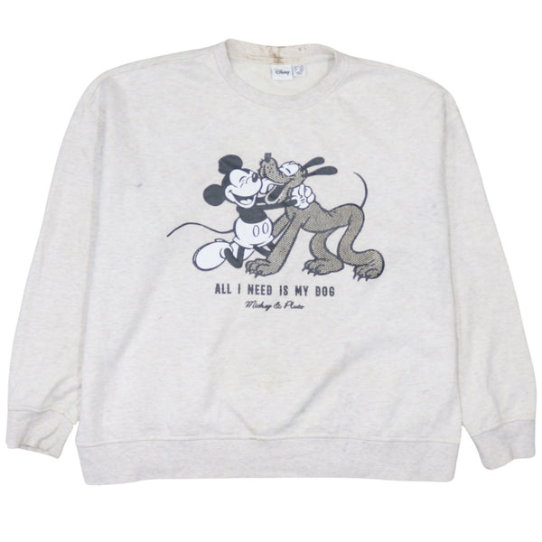 Vintage Disney 90's Mickey Mouse & Pluto Crew Neck Sweatshirt - Large Beige Cream