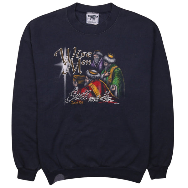 Lee 90's Vintage Navy Blue Crew Neck Sweatshirt Size Large with 'Wise Men Still Seek Him' Design