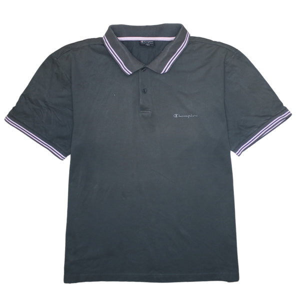 Champion 90's Short Sleeves Quarter Button Polo Shirt XLarge Black
