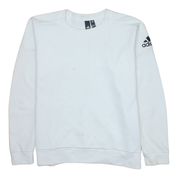 Adidas White Sweatshirt Women's Large Crewneck Printed Sleeve Logo Ribbed Pullover Top