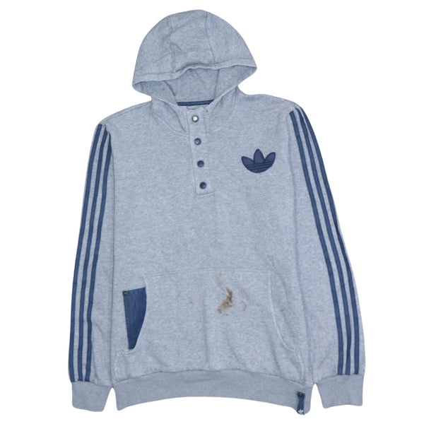 Adidas 90's Grey Striped Sleeve Quarter Button Hoodie - Men's Medium