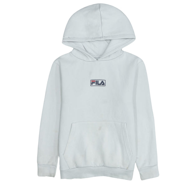 Fila 90's Vintage White Pullover Hoodie Medium, Drawstring Pockets