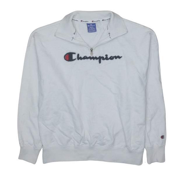 Champion Vintage 90s Spellout White Cotton Quarter Zip Sweatshirt S