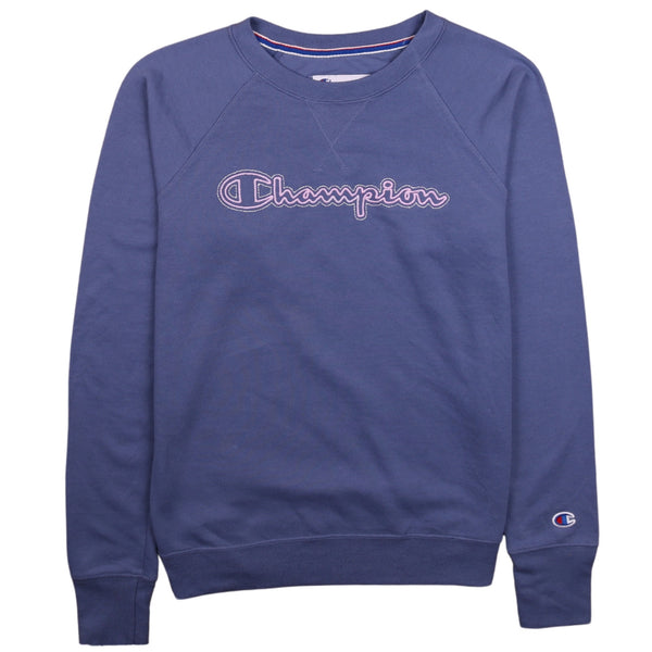 Vintage Champion 90's Blue Spellout Crew Neck Sweatshirt XS