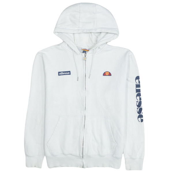 Vintage Ellesse 90's Full Zip Hoodie White Large with Drawstring Pockets
