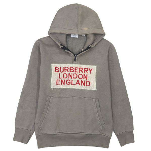 Vintage Burberry 90's Grey Spellout Quarter Zip Hoodie Small