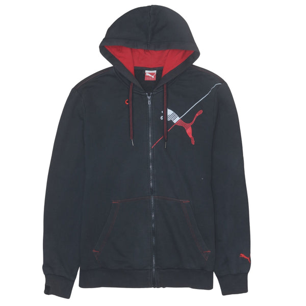 Vintage 90's Puma Black Full Zip Hoodie Large with Drawstring Pockets