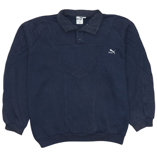 Puma 90's Vintage Long Sleeve Quarter Button Polo Shirt - Large Navy Blue