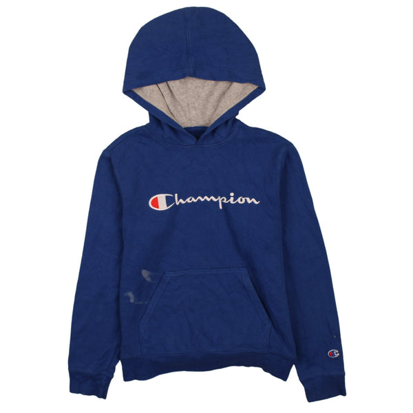 Champion Women's 90's Spellout Pullover Hoodie Large Blue Vintage