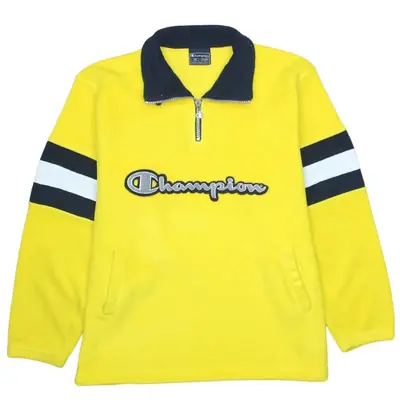 Champion 90's Yellow Spellout Quarter Zip Fleece Jumper Large