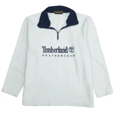 Vintage Timberland 90's White Spellout Quarter Zip Fleece Jumper Mediu