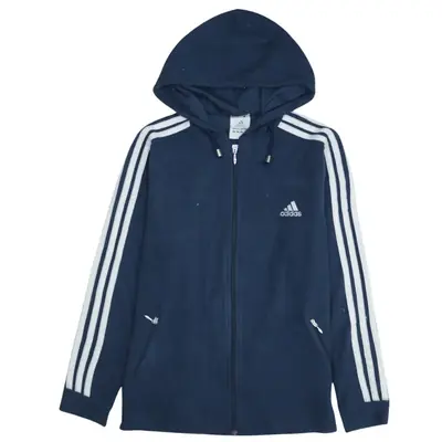 Adidas Women's 90's Navy Blue Striped Sleeve Full Zip Fleece Jumper Me